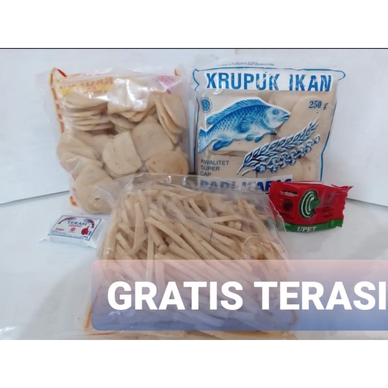 

PAKET HEMAT ( BUY 2 GET 1 ) KERUPUK 750 GRAM PADI KAPAS KANCING STIK SEDANG ASLI SUPER GRATIS Terasi Khas CIREBON