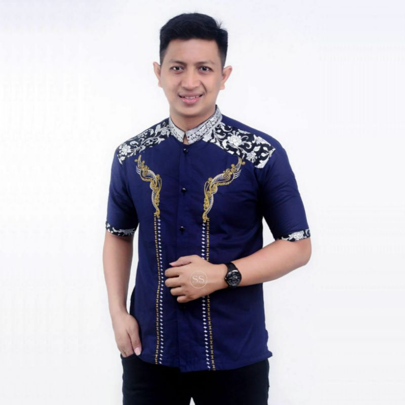 BAJU KOKO KOMBINASI LENGAN PENDEK KOKO KOMBINASI PENDEK ATASAN PRIA DEWASA BAJU KOKO KOMBINASI MOTIF
