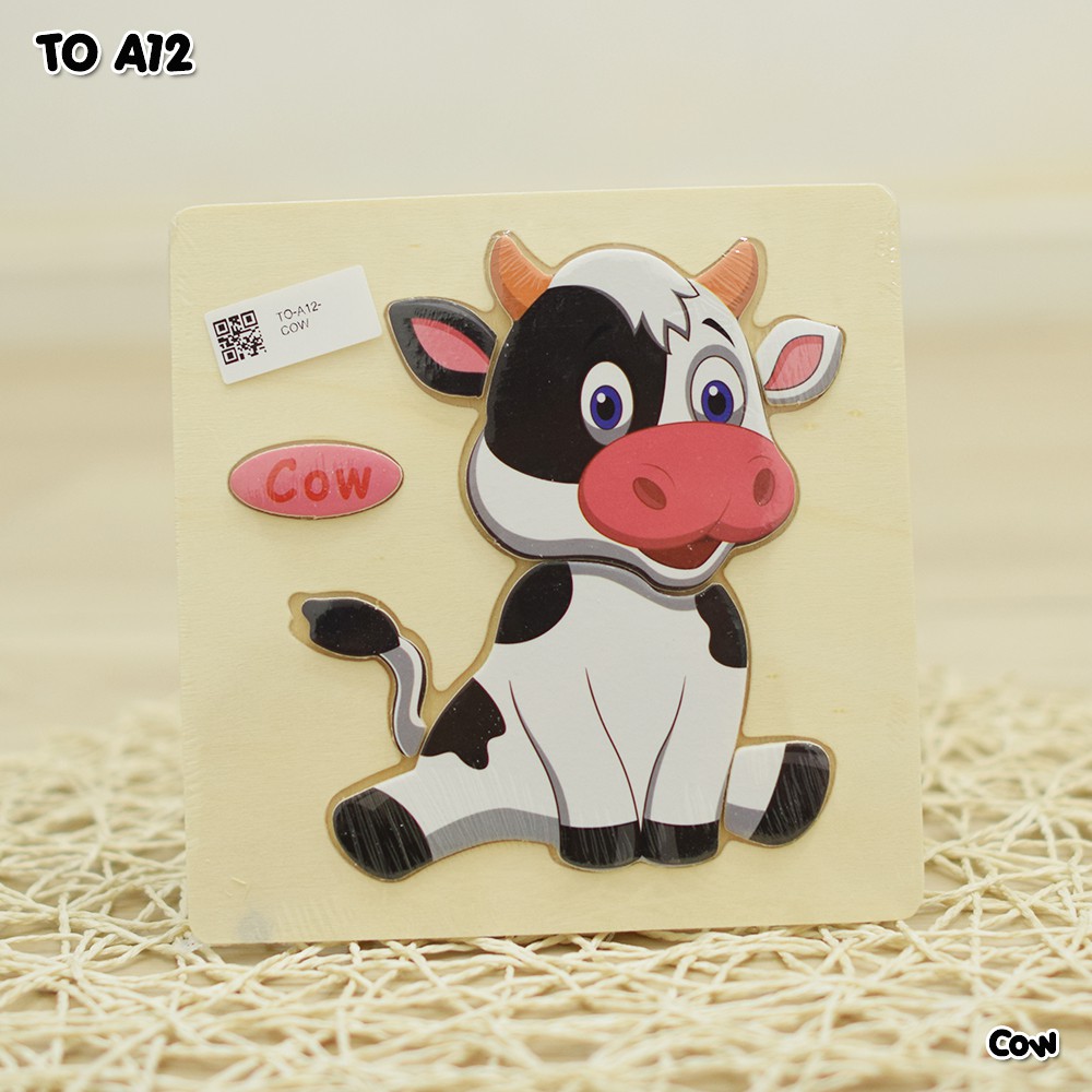 Mainan Puzzle Kayu TO-A12 tebal AMAN Besar & Kecil lucu Mainan Edukasi Edukatif genggam motorik Anak bayi balita Kids toys murah bagus-(A12) Cow