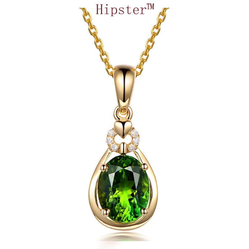 Elegant and Fashionable Green Tourmaline Pendant 18K Golden Clavicle Chain