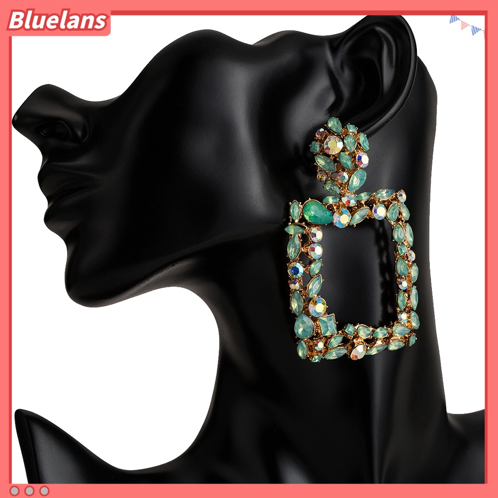 Bluelans Bohemia Women Colorful Rhinestone Hollow Square Charm Statement Stud Earrings