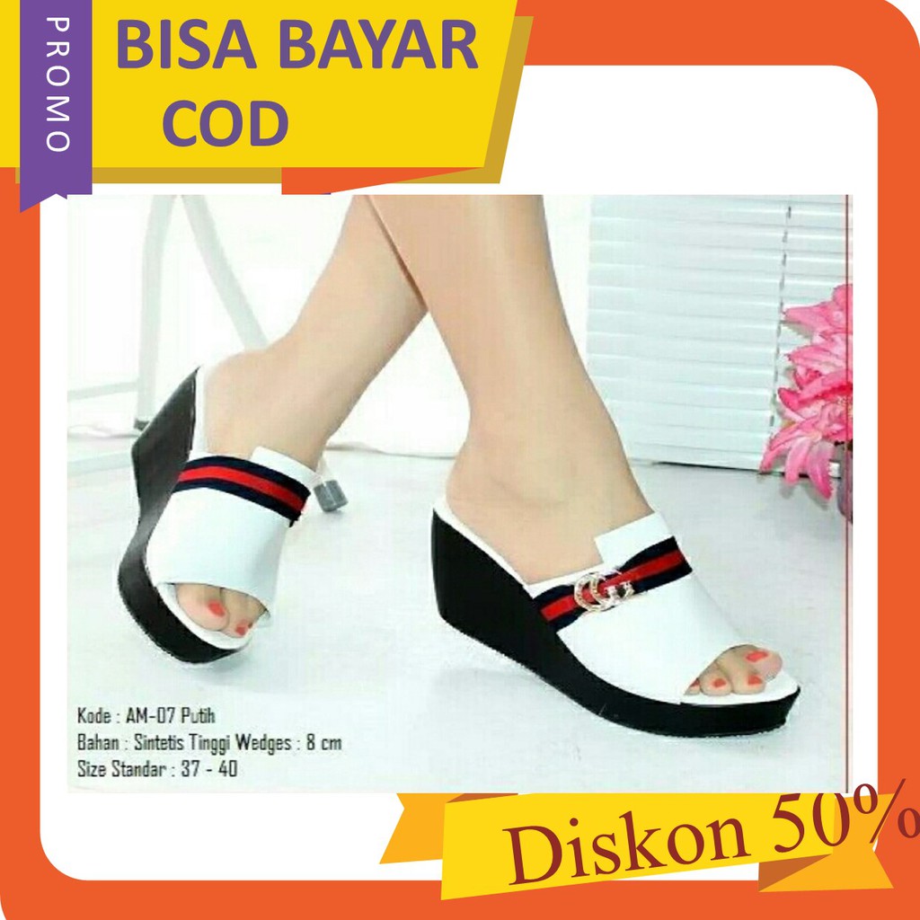 SANDAL WEDGES WANITA MURAH TERBARU SANDAL WEDGES SLK66 PUTIH bahan sintetis putih, tinggi 5cm COD