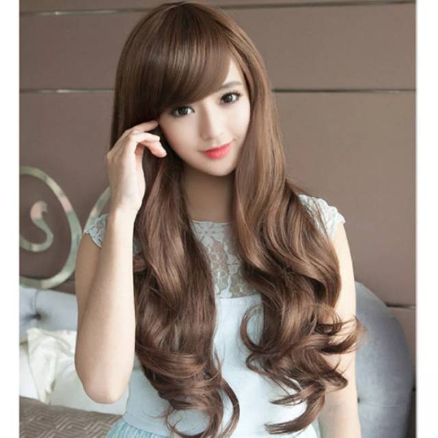 wig panjang bergelombng poni samping