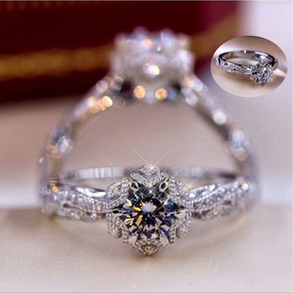 Cincin Silver Bentuk Kepingan Salju Aksen Berlian Aneka Warna Untuk Pernikahan