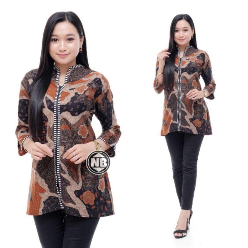 [ TERBARU ] ATASAN BATIK WANITA KERJA KANTOR ORI SHABIRAH BATIKSOLO BLOUSE BLUSEBATIK BATIKMODERN XL-Pulau coklat Zipper