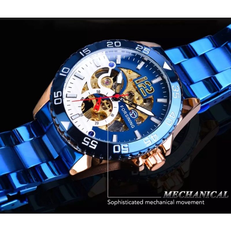 Jam Tangan Pria Original Automatic Forsining Sporty Luxury Skeleton Bisnis Blue