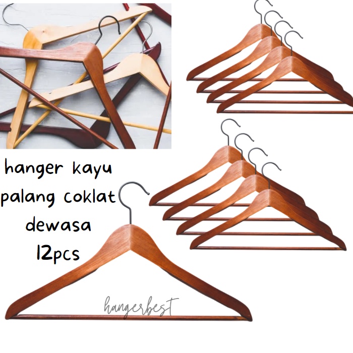 HANGER KAYU BAJU DEWASA + PALANG KAYU + WARNA COKLAT ( 12 PCS )