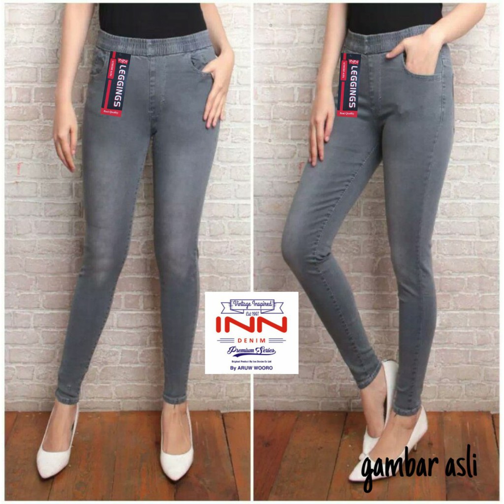 Jegging Jumbo INN DENIM Pinggang Karet Legging Jeans Abu-abu Polos Ukuran 26 sampai 38 Bisa Cod