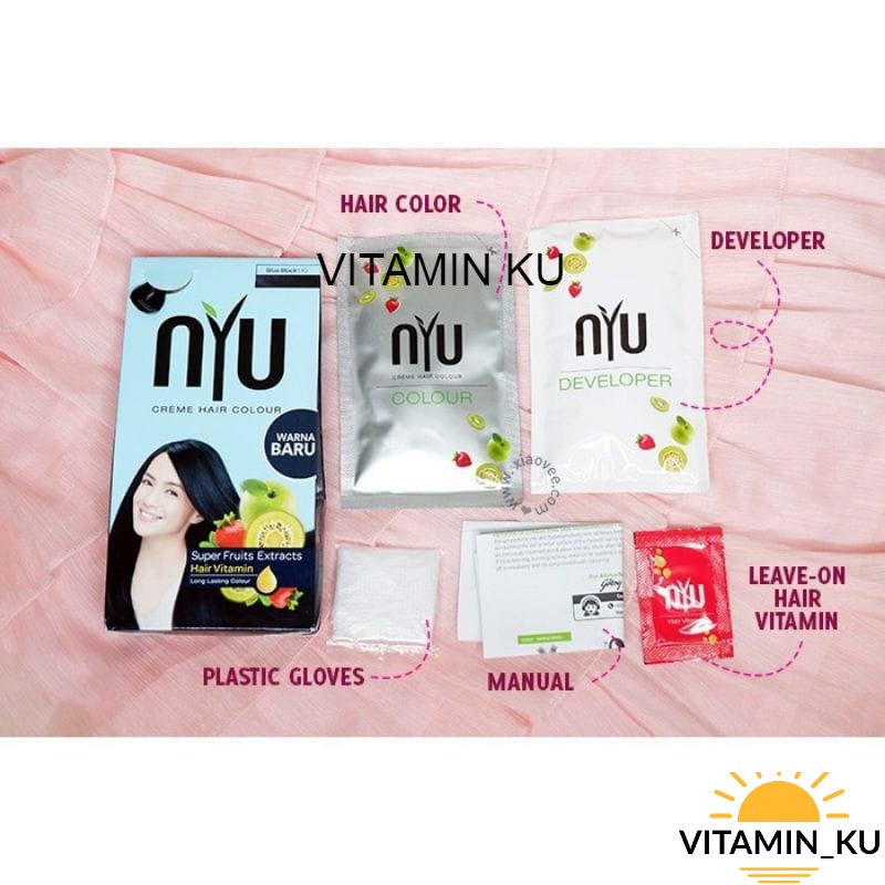 NYU CREME HAIR COLOUR Pewarna Rambut/ Cat Rambut Natural (TANPA AMONIA) Black Brown Blue Bleaching Red Color VITAMINKU