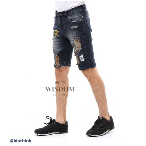 Wisdom Short Pants Ripped  Skinny Jeans Celana Pendek Pria Sticker Motive Material Denim Softjeans Stretch ORIGINAL - Biothing