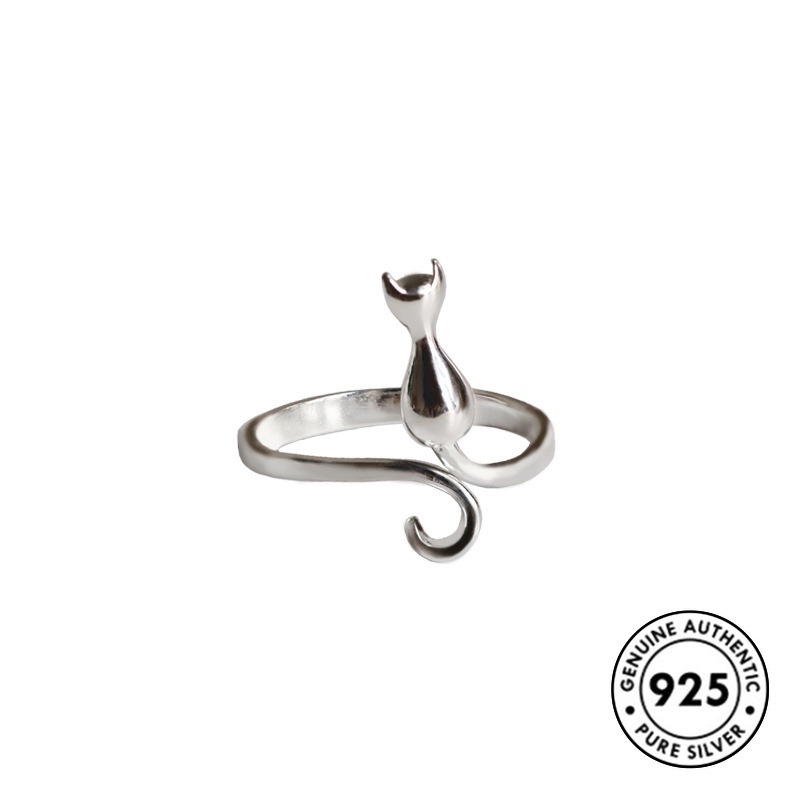 Cincin Sterling Silver 925 Desain Kucing Artistik Lucu Untuk Wanita