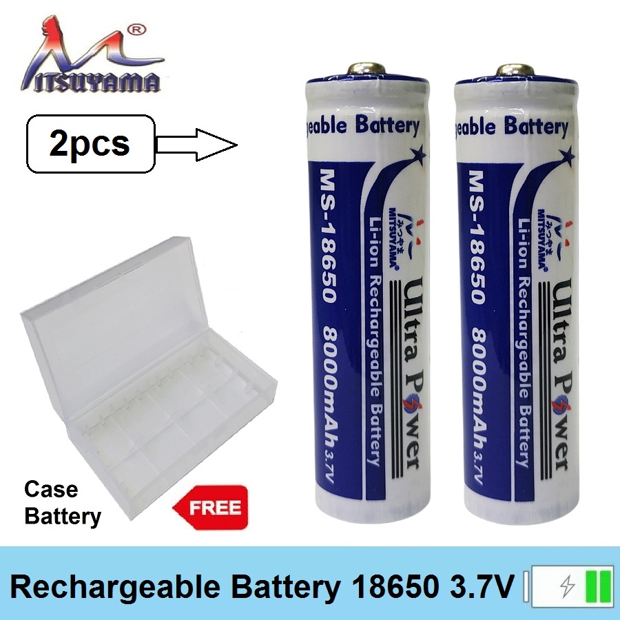 Paket 2 baterai Mitsuyama 18650 8000mAh Recahargeable Free Case