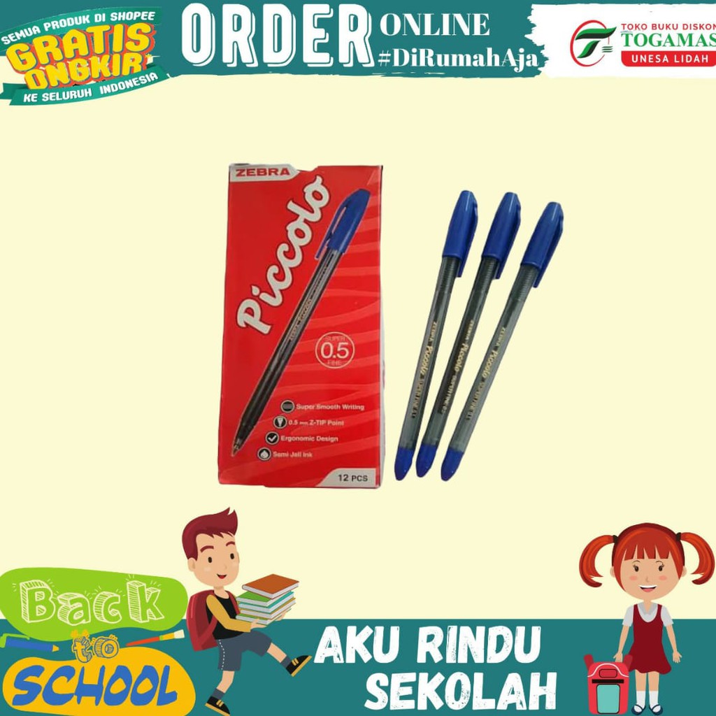 BALLPEN 12PCS/PAK PICCOLO FINE 0.5 &amp; 0.7 SEMI GEL ZEBRA BLUE