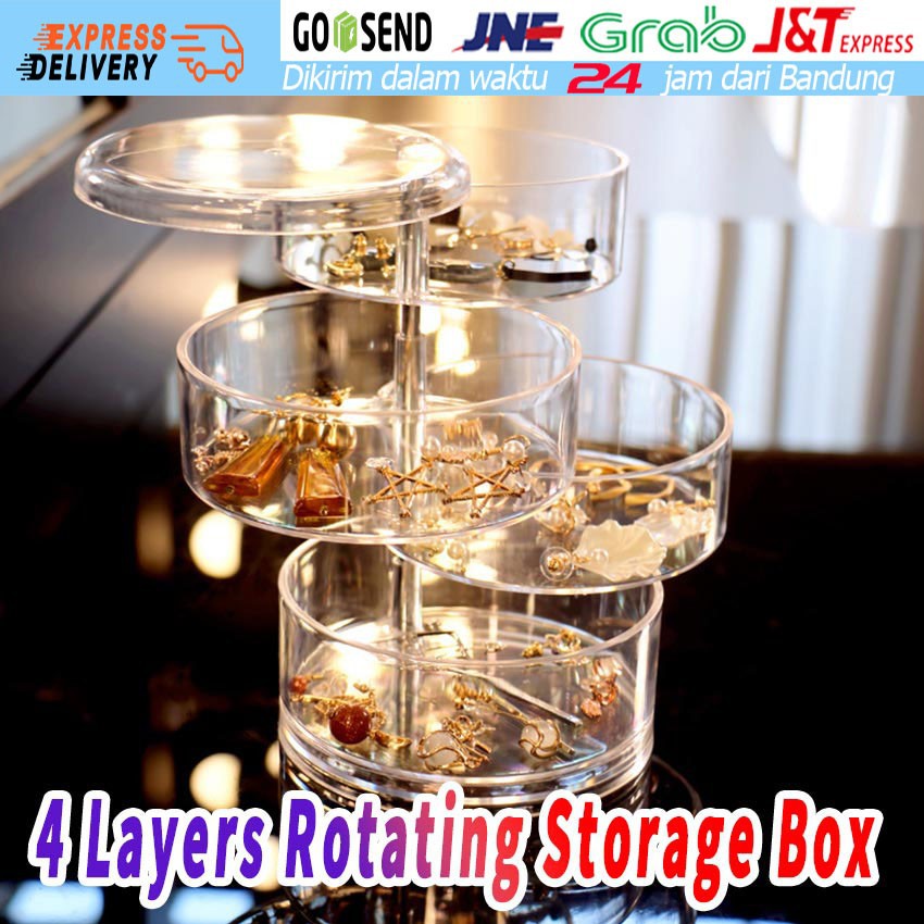 Rak Perhiasan Putar 4 Susun Bulat 360 derajat Tempat Penyimpanan Cincin Kalung Anting Ikat Rambut