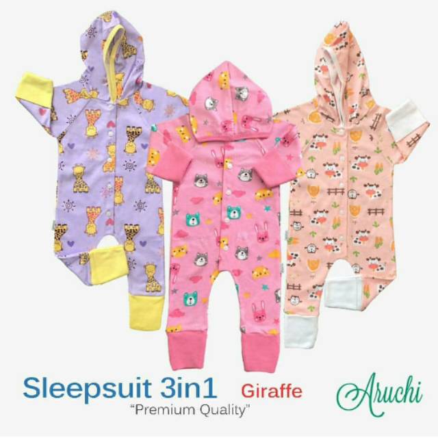 ♥BabyYank♥ ARUCHI SLEEPWEAR / SLEEPSUIT BAYI BERTOPI MOTIF 3ELEPHANT GIRAFFE ARUCHI baby NB (0-3 bulan) 1PCS