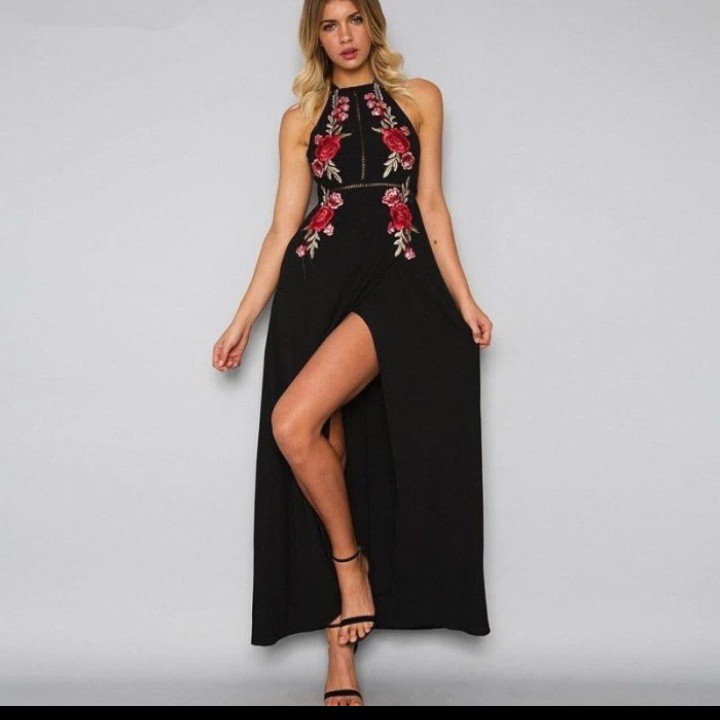 Maxi dress sexi woman motif floral embroidered dress casual beach wear-S