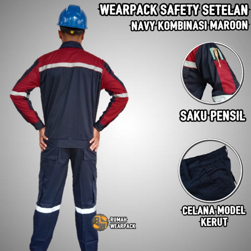 Wearpack Proyek dan Celana Kerja Setelan Navy Kombinasi Merah Maroon