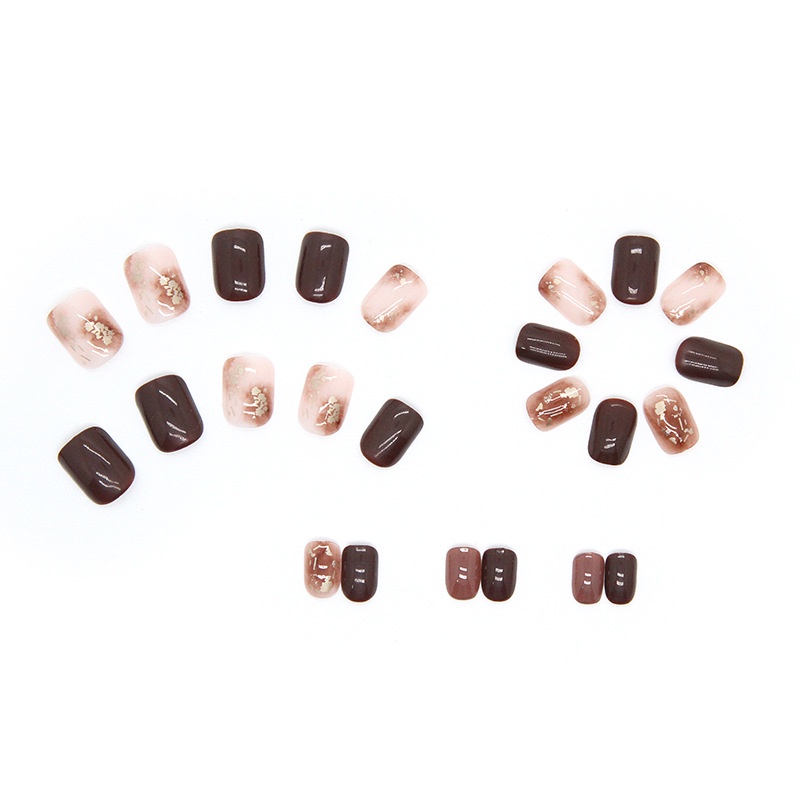 24pcs / Kotak Kuku Palsu Bentuk Kotak Warna Coklat Smudged Shiny Shards R617