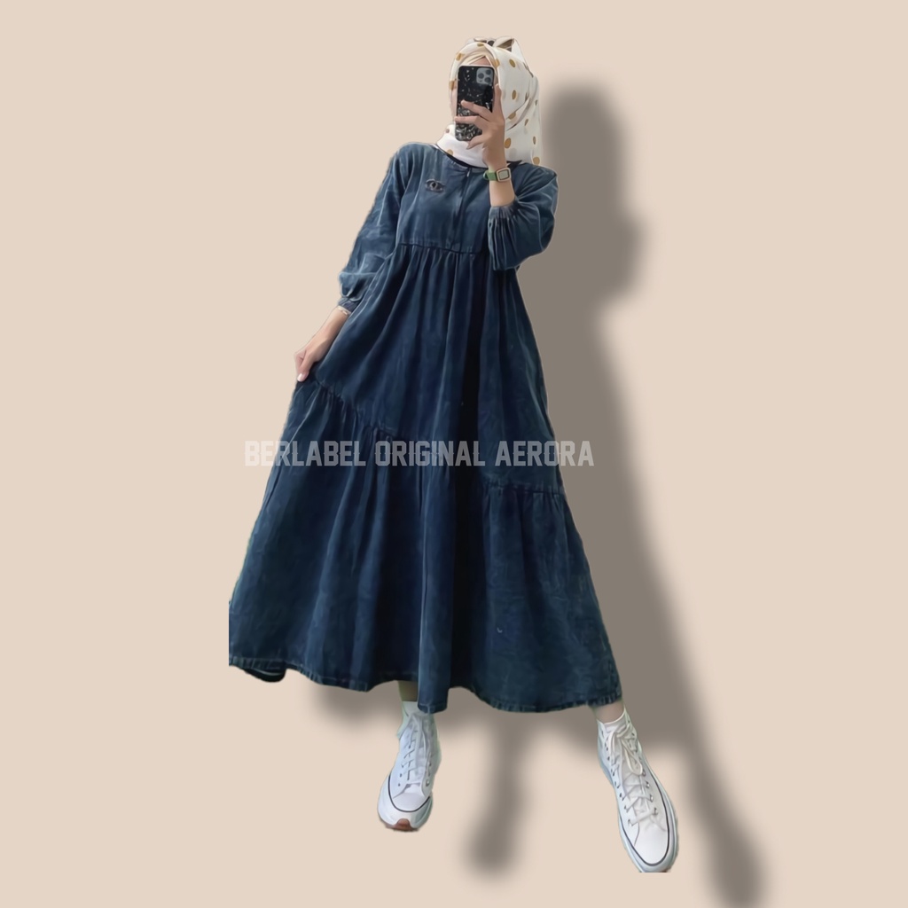 Baju Long Dress Dres Jeans Korea Jumbo Muslim Pesta Polos Korean Style Wanita Terbaru 2022 Premium Import Susun Cantik Ld 120 P 130 Allsize