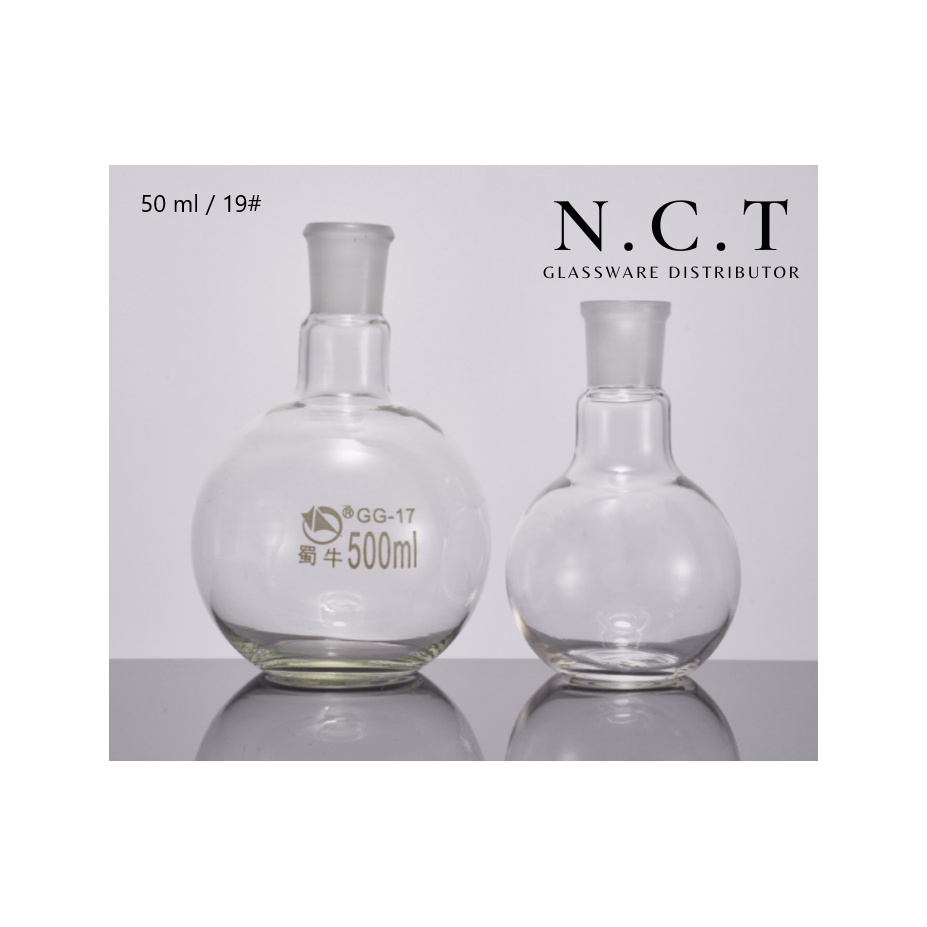 SHUNIU Transparent Borosilicate Glass Flat Bottom TS Joint Boiling Flask 50 ml / 19# | Labu Didih