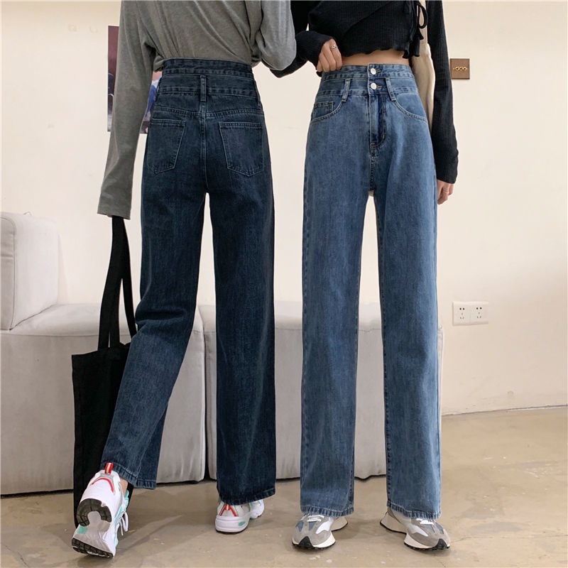 ✅COD JEANS HIGHWAIST PANTS  DENIM BLACK/BLUE/BLUE-BLACK LOOSE KOREA （Two Buttons）