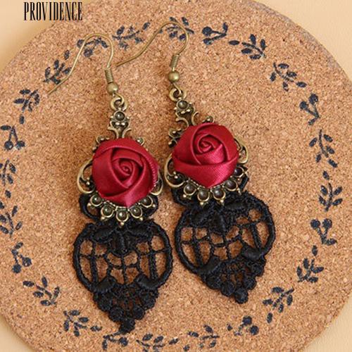 [Bayar Di Tempat]  1 Pair Vintage Gothic Vampire Halloween Bunga Hitam Renda Merah Anting Menjuntai