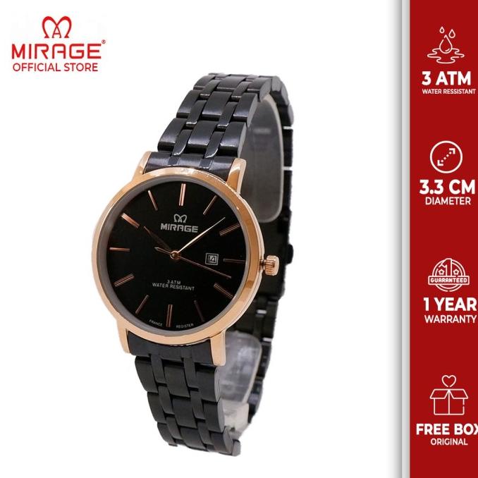 Jam Tangan Analog Wanita Mirage Original TGL Aktif Hitam Rosegold 8734