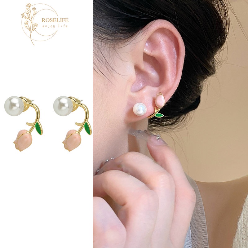 Anting Stud Klip s925 Silver Bentuk Bunga Tulip Aksen Mutiara Warna Pink Gaya Korea Untuk Wanita