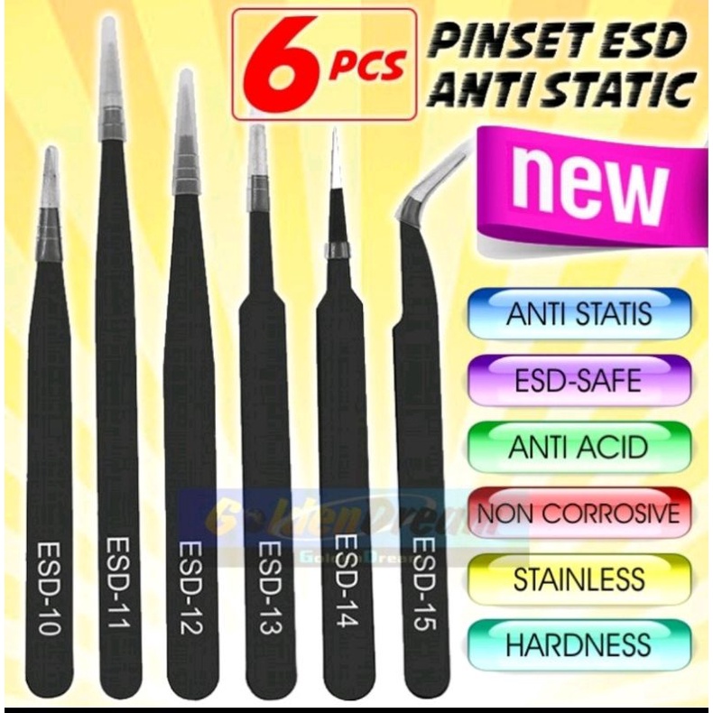 Pinset 6 pcs ESD Anti Static Tebal Stainless Steel Tweezer Statis Safe