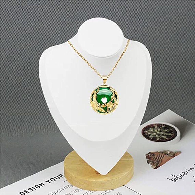 Chinese Style Mythical Animal Green Chalcedony Necklace/ Gold Color Dragon Phoenix Jade Pendant Necklace/ Lucky Circle Clavicle Necklace/ Amulet Jewelry Accessories Gifts