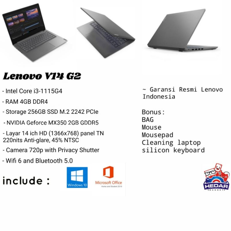 lenovo V14 i3 1115G4 RAM 4GB SSD 256GB Nvidia Mx350 2GB W10 OHS 14 HD