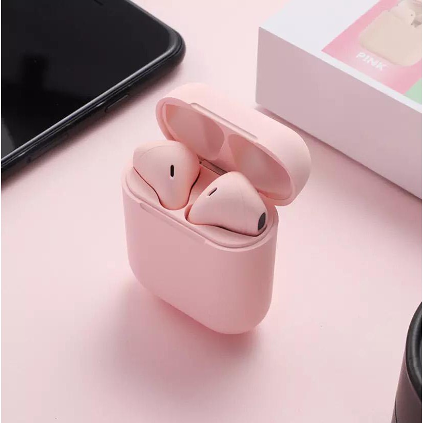 I12 Macaron TWS Headset Earphone Bluetooth Wireless Extra Bass Up to BT 5.0-Pink