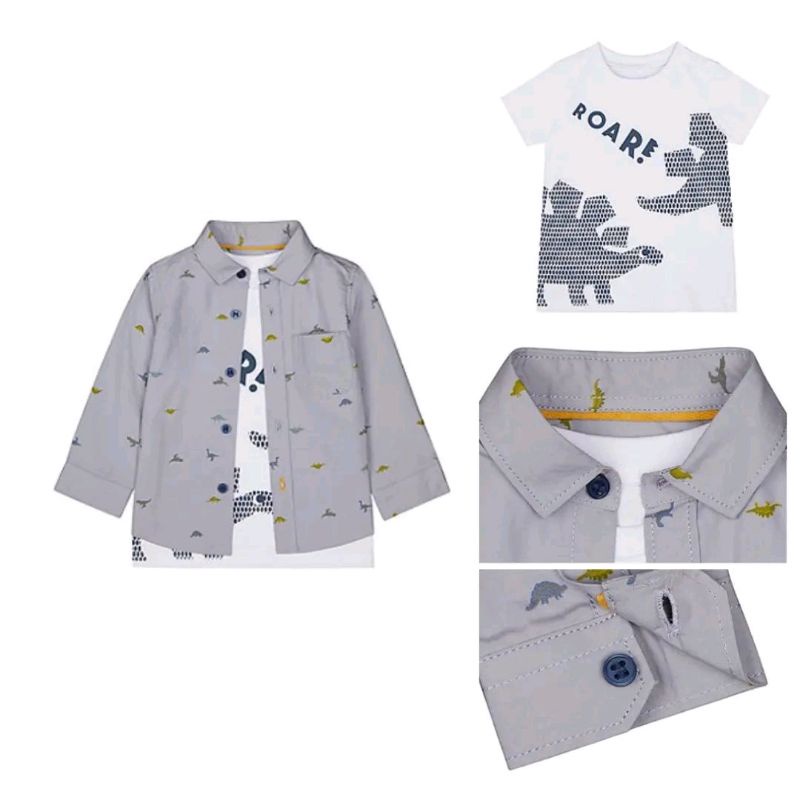 MC Mothercare Boys Set 2pcs Shirt & T-Shirts Roar Dino White Grey Setelan Kemeja Kaos Original