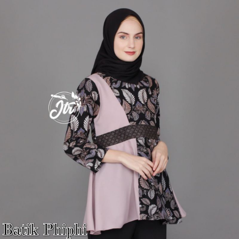 Atasan Batik Wanita Modern / Blouse Batik Kombinasi Mosscrepe Size M, L, XL ( ORIGINAL )