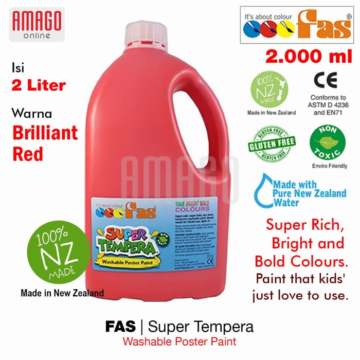 FAS -SUPER TEMPERA WASHABLE POSTER PAINT -2 LITERS- BRILLIANT RED -017