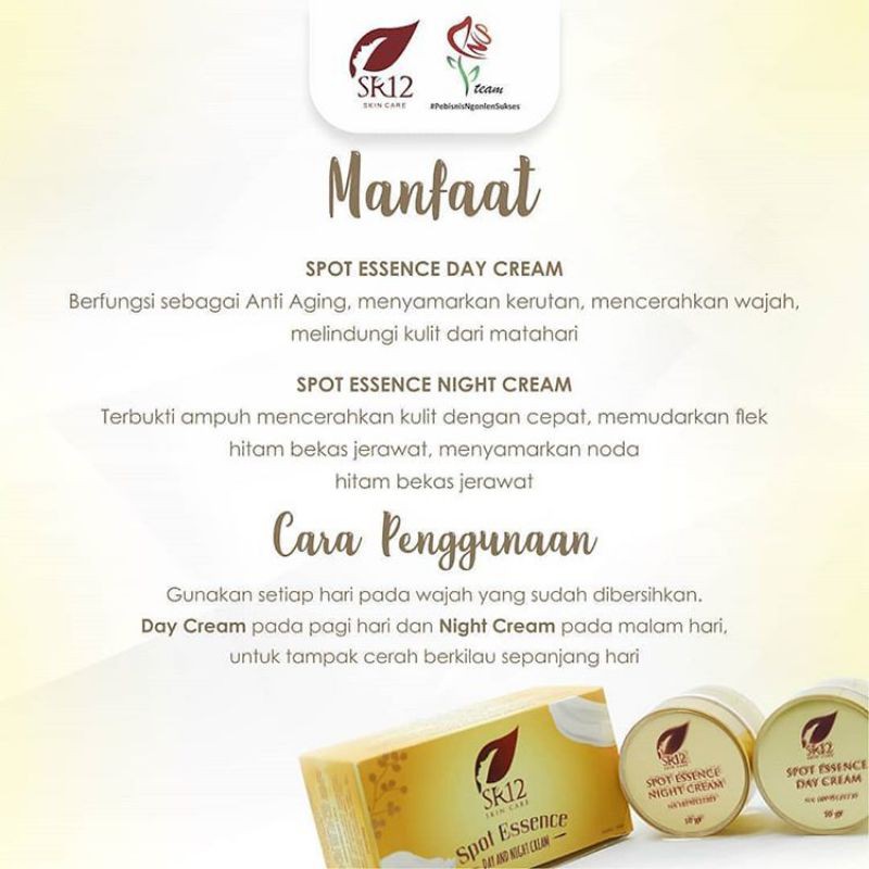 Spot Essence Day and Night Cream Paket Pencerah Wajah Krim Penghilang Flek dan Noda Hitam Anti Penuaan Anti Aging Glowing Sehat