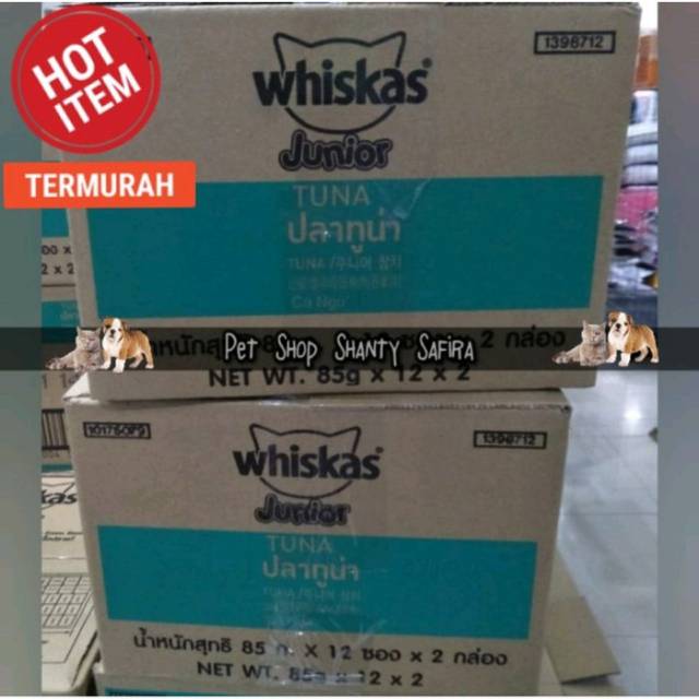 MAKANAN KUCING WHISKAS JUNIOR POUCH KEMASAN DUS ISI 24 PCS