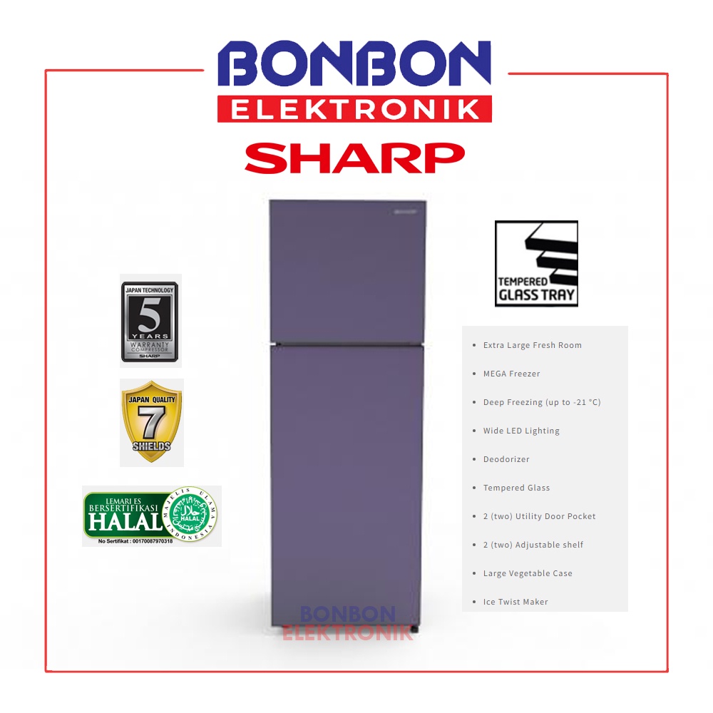 Kulkas Sharp SJ-326XG-CP 256L Top Freezer Chameleon Purple Shine Glass Door Series