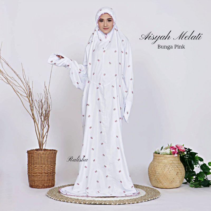Mukena Terusan Putih Katun Premium Adem  Bordir Bunga Timbul Size Jumbo