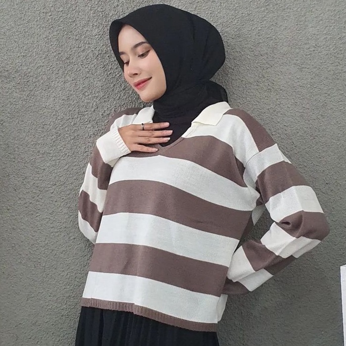 SWEATER FUJI CROP RAJUT STRIP BLASTER//ATASAN CROP RAJUT BLASTER STRIP KOREAN STYLE