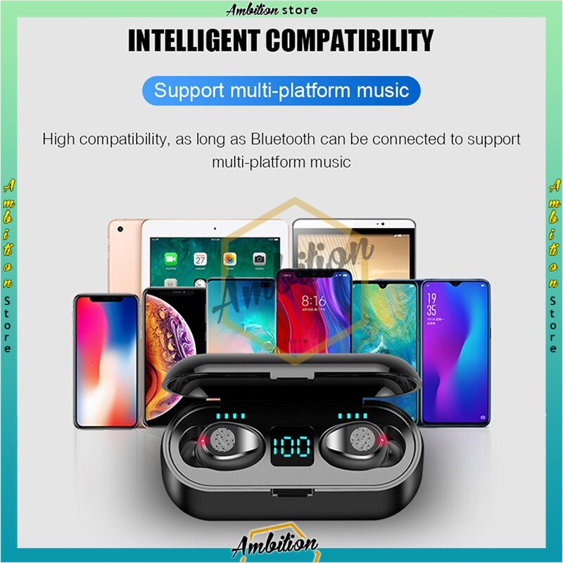 𝐎𝐑𝐈𝐆𝐈𝐍𝐀𝐋 ! 9D With 3000 mAh Powerbank TWS F9 Wireless Earphone Headset Bluetooth 5.0 Dengan Mikrofon HIFI Stereo