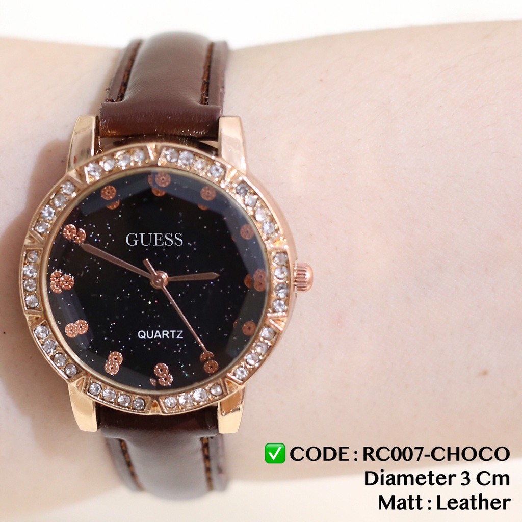 Jam tangan korea wanita guess tali kulit kaca model belimbing grosir ecer flash sale termurah RC