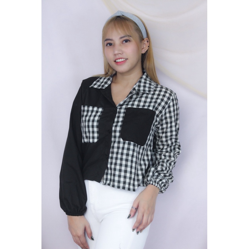 RX Fashion - Mika Crop Top Blouse // Shirt Top Tartan Two Tone // Kemeja Olive ( SPECIAL SALE - GRATIS ONGKIR )  - GA-HITAM - KT 1CM HITAM