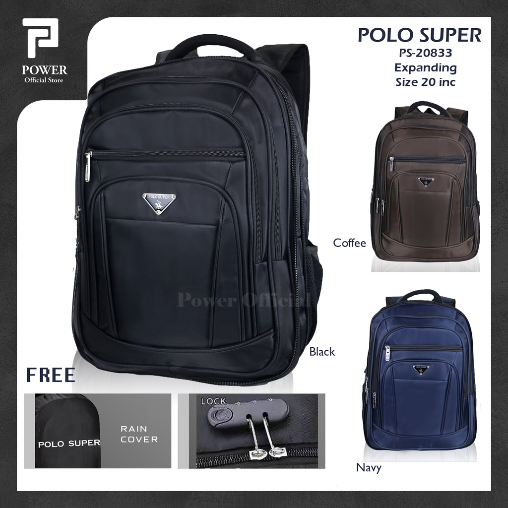 Polo Super Tas Kerja Pria Ransel Laptop 20 inc + Kunci Tas Polo Original Backpack Import Waterproof