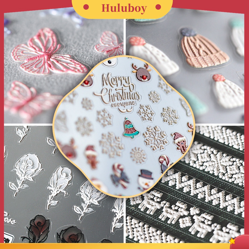 Huluboy Huluboy♡ Stiker Kuku Aneka Bentuk Ukiran Snowflake Sayap Putih Wol Efek 5D Warna-Warni Untuk Kecantikan