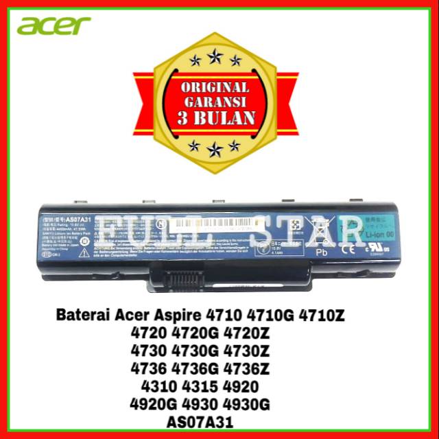 Baterai Laptop Acer Aspire 4710 4710G 4710Z 4720 4730 4736 4736G 4736Z 4740 4740G 4310 AS07A31