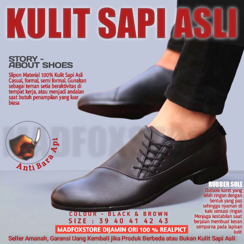 Sepatu Formal Pria Pantofel Kulit Sapi Asli Tali Spatu Pantopel Oxford Hitam Cokelat Putih Kantor Ke