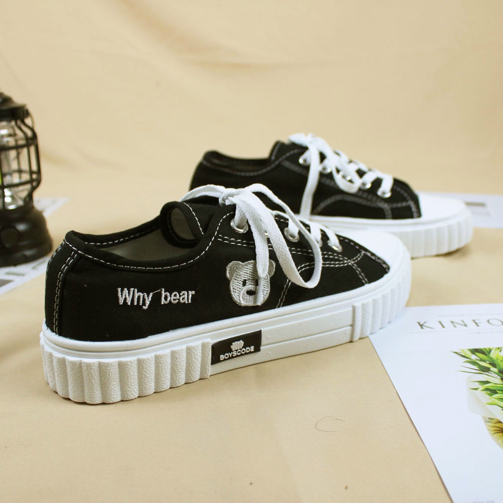 Sepatu Sneakers Korean Style Boyscode Why Bear Pendek Hitam Abu / Sepatu Korea Kanvas Beruang Black Grey