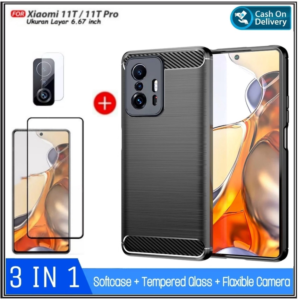 Soft Case Xiaomi 11T , 11T Pro Case Ipaky Carbon Free Tempered Glass Layar Bonus Tempered Glass Camera Belakang Handphone