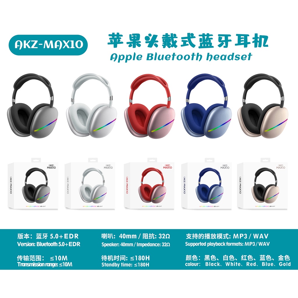 Headset Bluetooth AKZ MAX 10 With RGB Light Support AUX, FM, TF Ergonomic Design